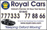 Sample full-colour gloss card for Royal Cars, featuring contact details and a black taxi