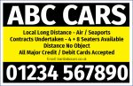 Black and yellow ABC Cars card with service details and large 01234 567890 phone number