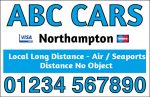 ABC Cars Northampton card with airport taxi service slogan and phone number 01234 567890