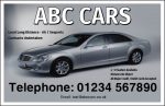 ABC Cars business card design with a silver saloon car and contact details