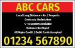 Red and black ABC Cars card with service details and yellow phone number 01234 567890