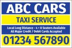 Blue, yellow and white ABC Cars taxi service card with phone number 01234 567890
