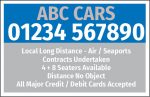 ABC Cars business card with phone number and taxi service details