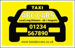Yellow taxi business card design with black car graphic and ABC Cars contact details