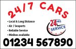 24/7 Cars card listing local, long-distance, airport, seaport and minibus services, with phone number 01234 567890