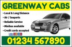 Greenway Cabs card design with silver car, taxi services and phone number 01234 567890