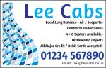 Lee Cabs business card design with blue mosaic graphic, services, phone number and email