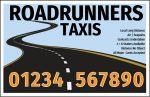 Roadrunners Taxis card with a winding road graphic, phone number and service details