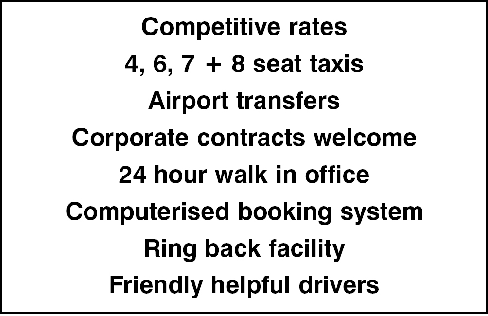Reverse of a taxi business card listing airport transfers, 24-hour office and ring-back facility