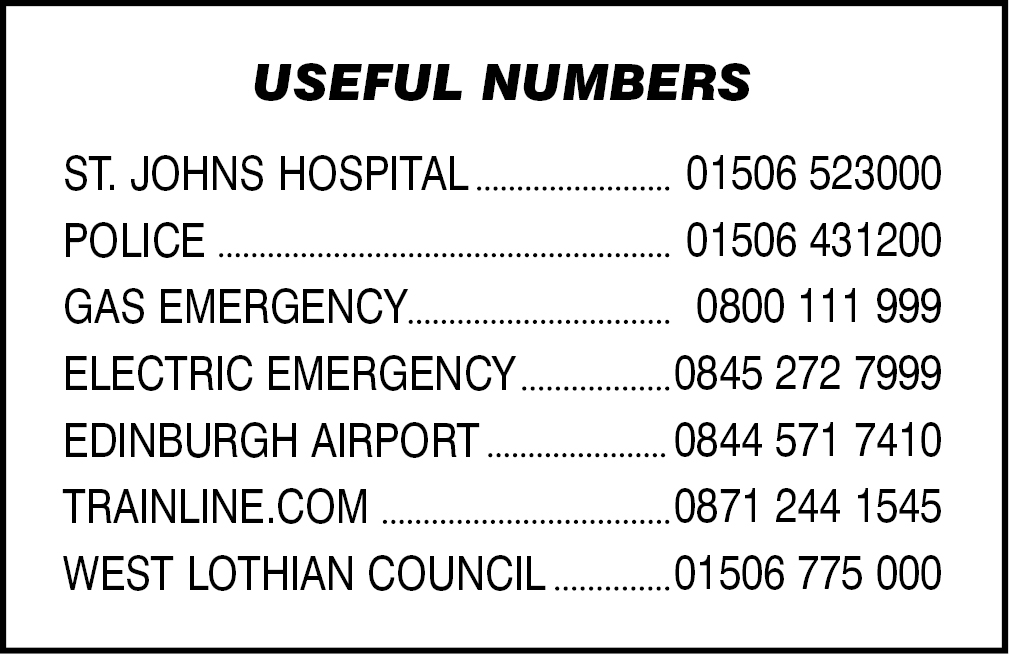 Sample useful numbers card listing hospital, police, emergency, airport, rail and council contacts